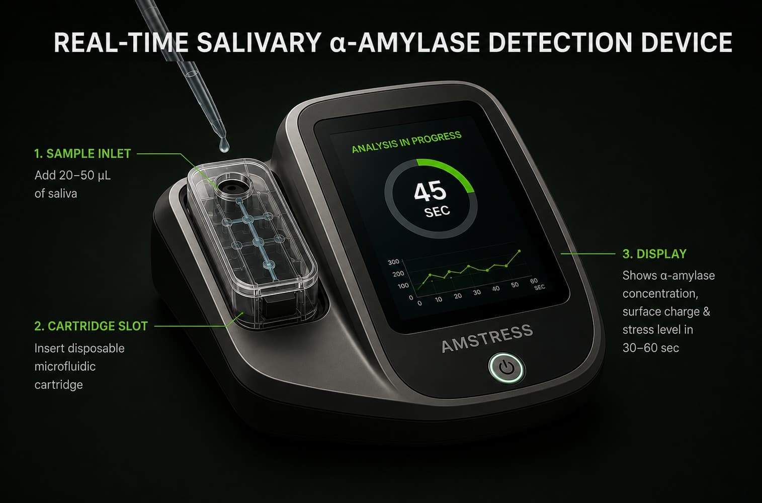 AmStress device — sample inlet, cartridge slot, and display
